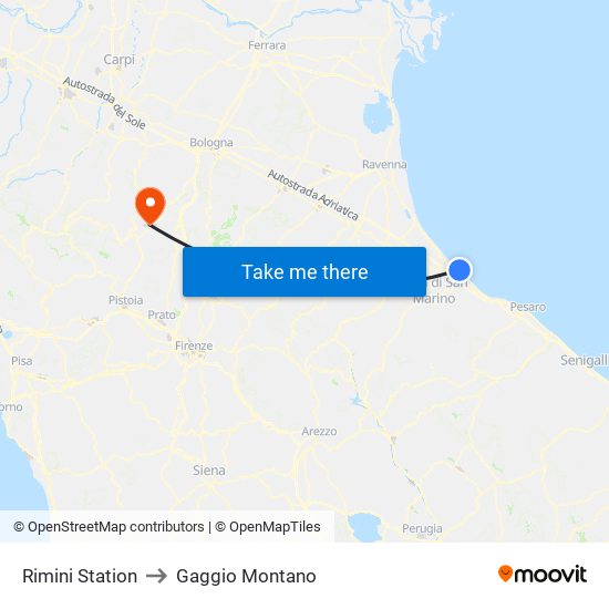 Rimini Station to Gaggio Montano map