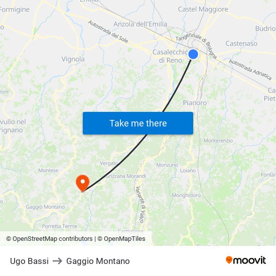 Ugo Bassi to Gaggio Montano map