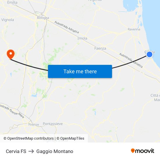 Cervia FS to Gaggio Montano map