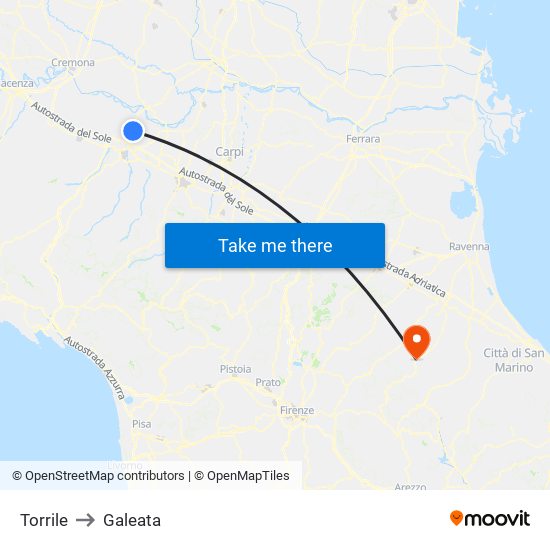 Torrile to Galeata map