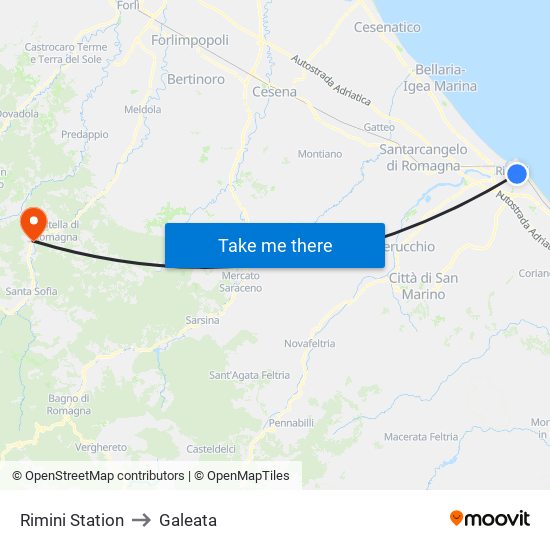 Rimini Station to Galeata map