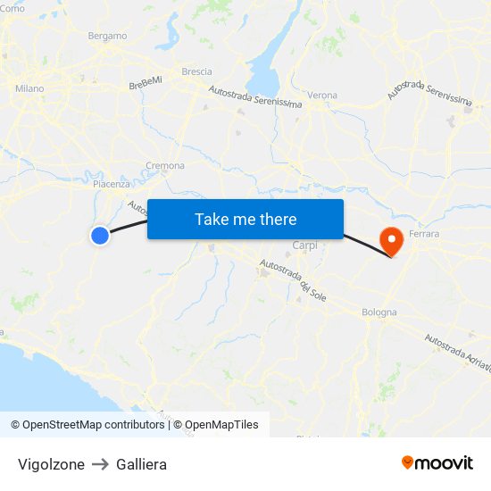 Vigolzone to Galliera map