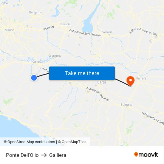 Ponte Dell'Olio to Galliera map