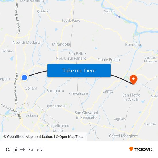Carpi to Galliera map