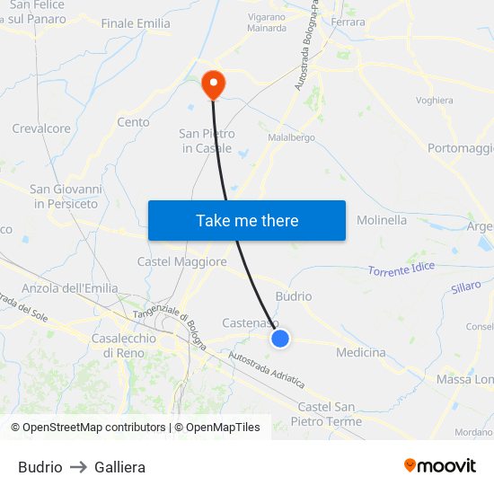 Budrio to Galliera map