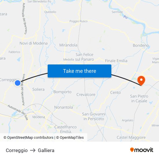 Correggio to Galliera map