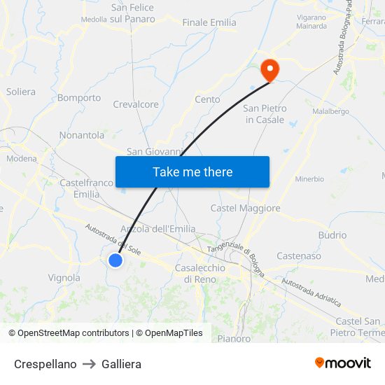 Crespellano to Galliera map