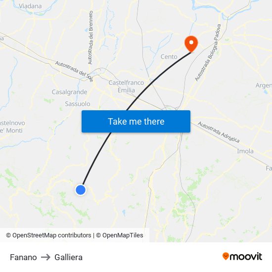 Fanano to Galliera map