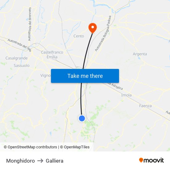 Monghidoro to Galliera map