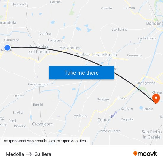 Medolla to Galliera map