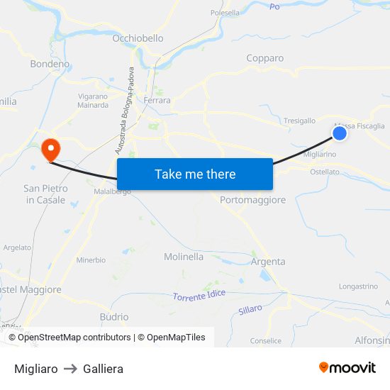 Migliaro to Galliera map