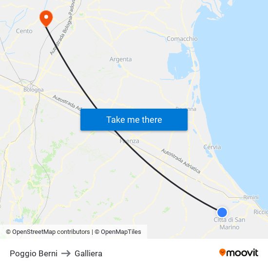 Poggio Berni to Galliera map