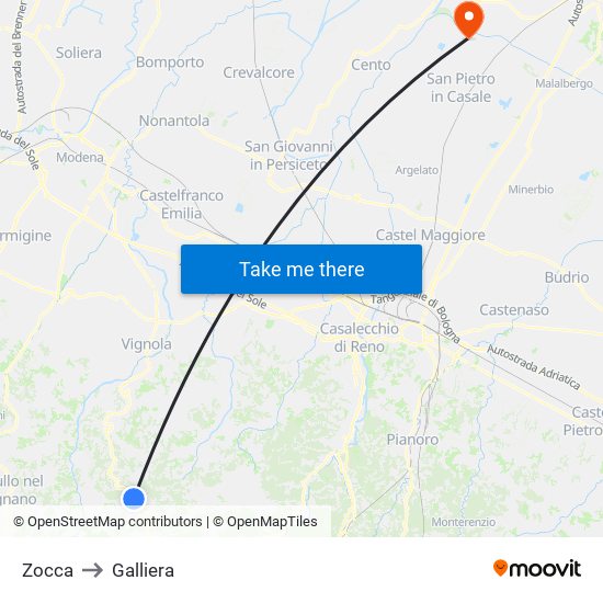 Zocca to Galliera map
