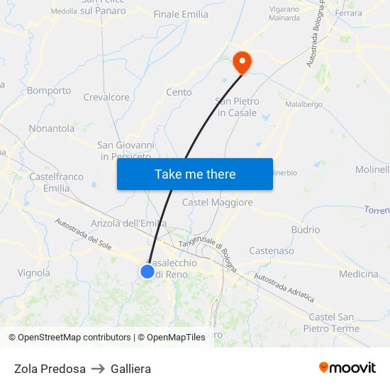 Zola Predosa to Galliera map