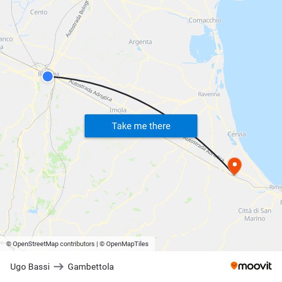 Ugo Bassi to Gambettola map