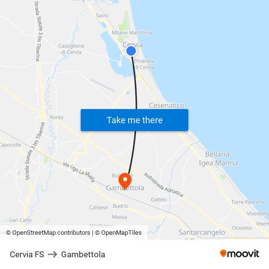 Cervia FS to Gambettola map