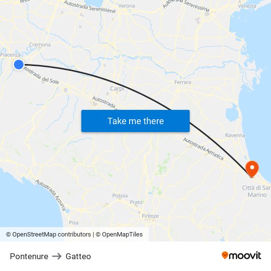 Pontenure to Gatteo map