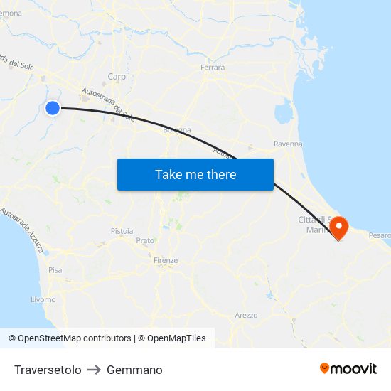 Traversetolo to Gemmano map