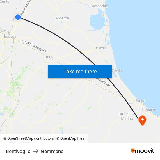 Bentivoglio to Gemmano map
