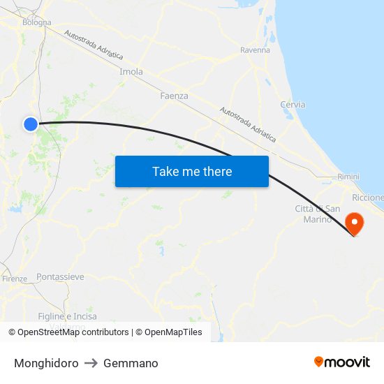 Monghidoro to Gemmano map
