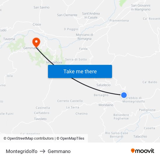 Montegridolfo to Gemmano map