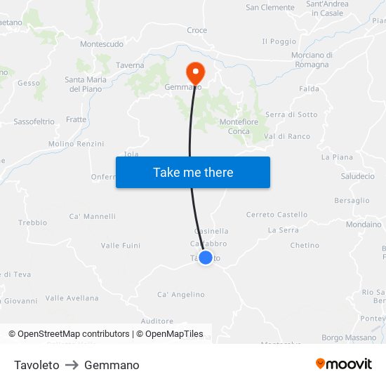 Tavoleto to Gemmano map