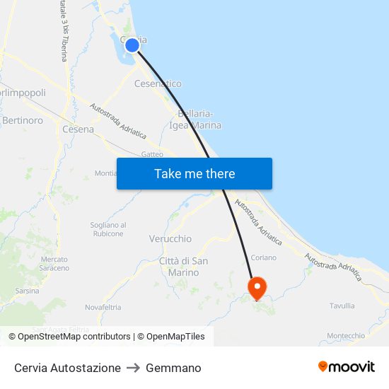 Cervia Autostazione to Gemmano map