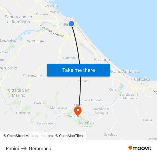 Rimini to Gemmano map