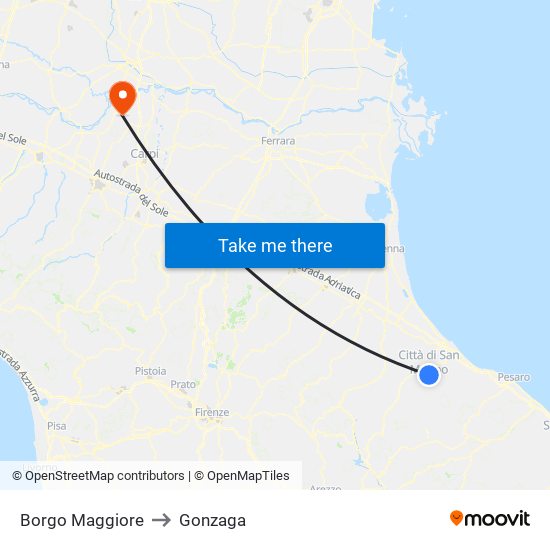 Borgo Maggiore to Gonzaga map