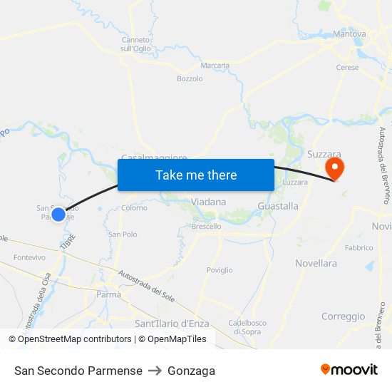 San Secondo Parmense to Gonzaga map