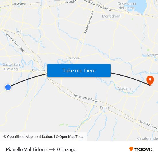 Pianello Val Tidone to Gonzaga map