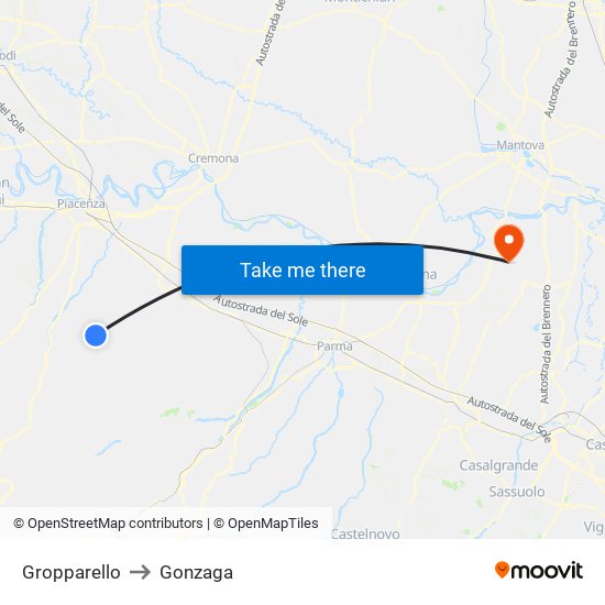 Gropparello to Gonzaga map