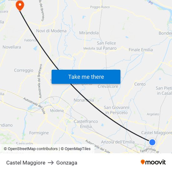 Castel Maggiore to Gonzaga map