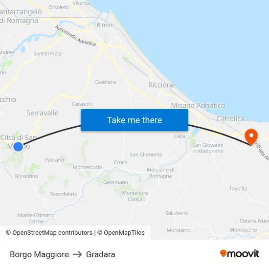 Borgo Maggiore to Gradara map