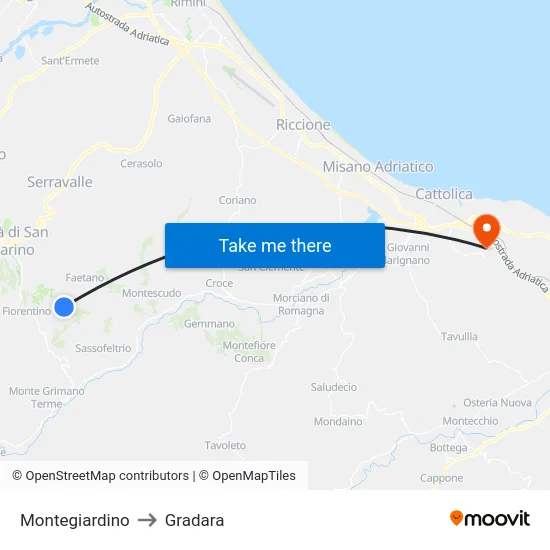 Montegiardino to Gradara map