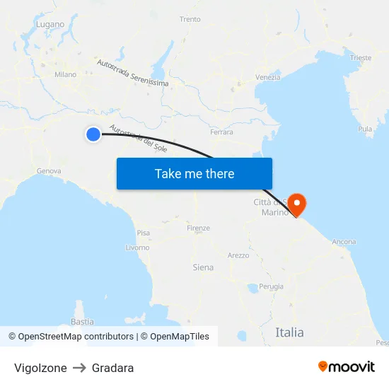Vigolzone to Gradara map