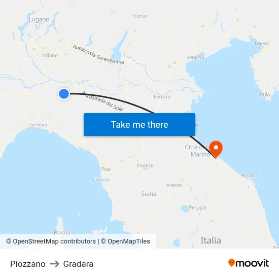 Piozzano to Gradara map