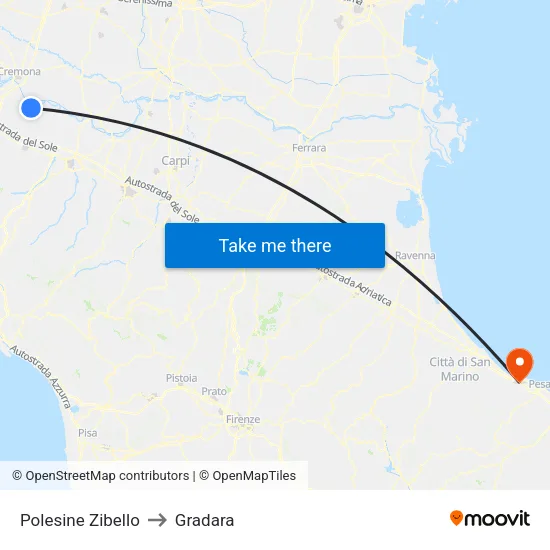 Polesine Zibello to Gradara map