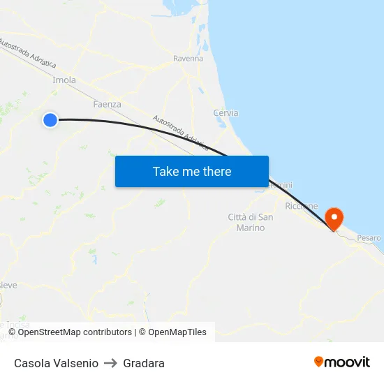 Casola Valsenio to Gradara map