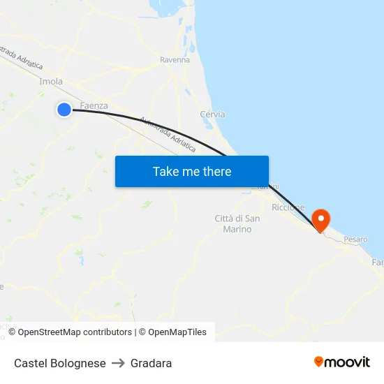 Castel Bolognese to Gradara map