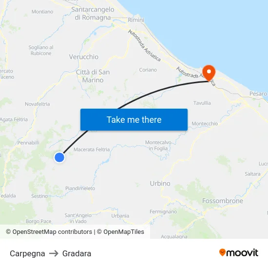 Carpegna to Gradara map
