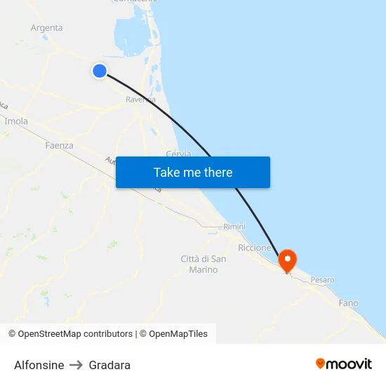 Alfonsine to Gradara map