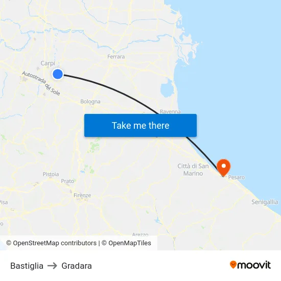 Bastiglia to Gradara map