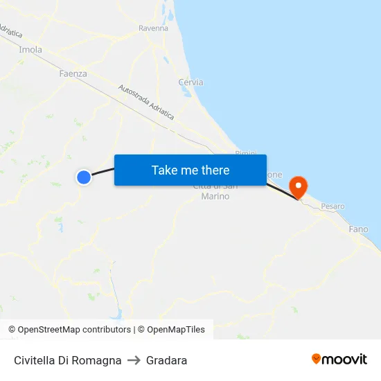 Civitella Di Romagna to Gradara map