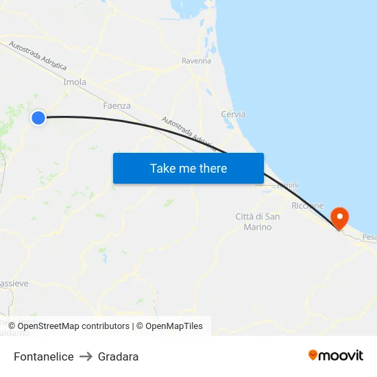 Fontanelice to Gradara map