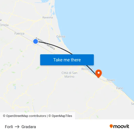 Forlì to Gradara map