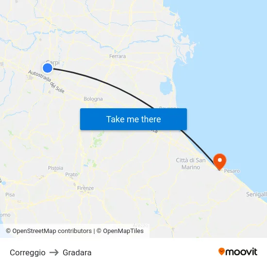 Correggio to Gradara map