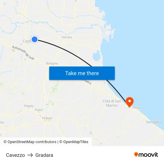 Cavezzo to Gradara map