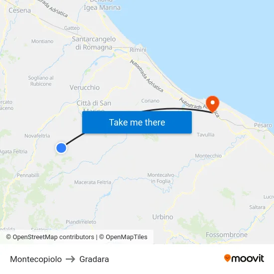 Montecopiolo to Gradara map