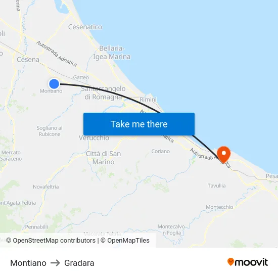 Montiano to Gradara map